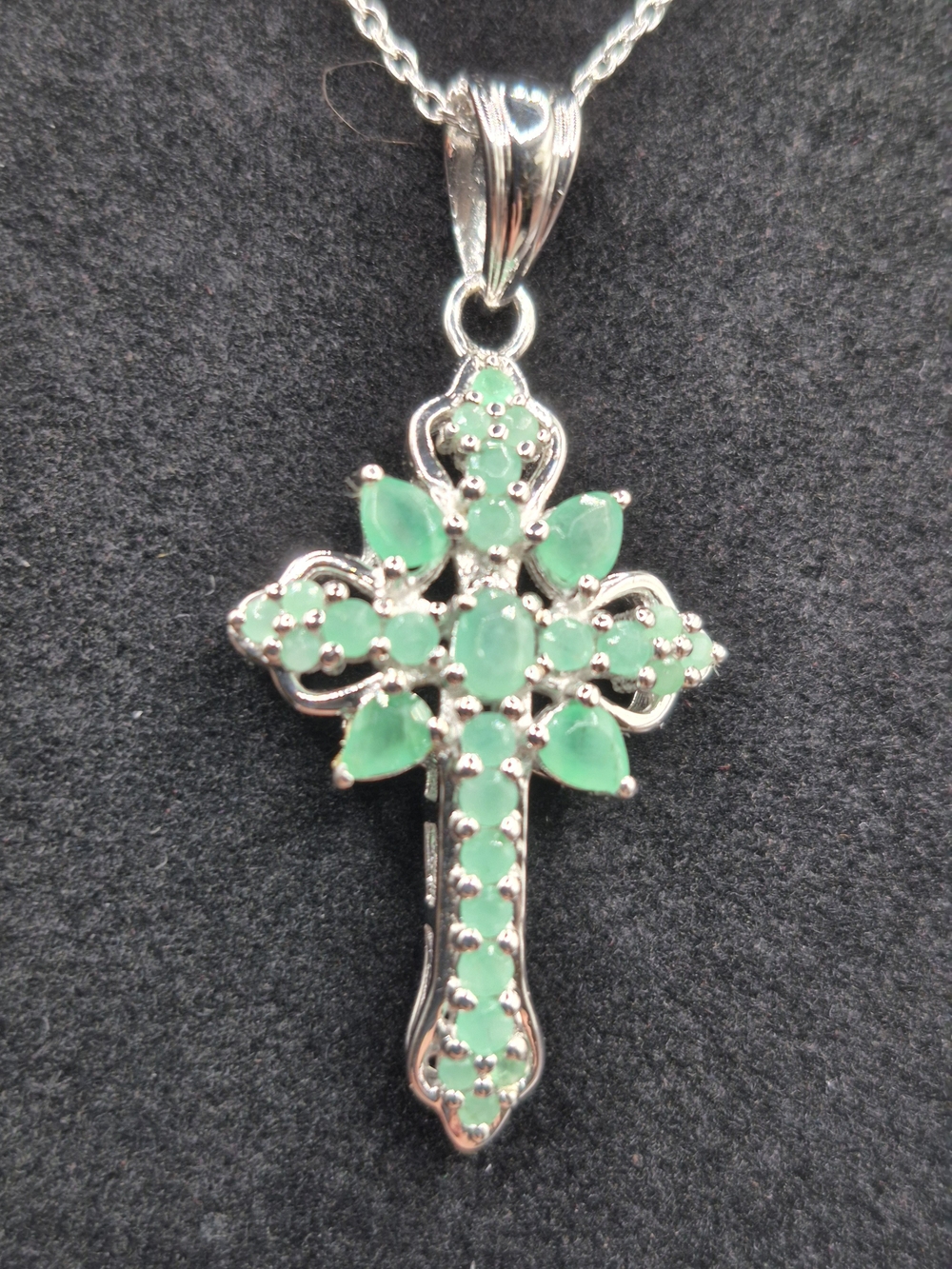 Sterling Silver Green Emerald  Cross Pendant Necklace